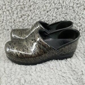 Dansko Shoes Womens EU 37 US 6.5 Black & Gold Patent Leather Clogs *Read*